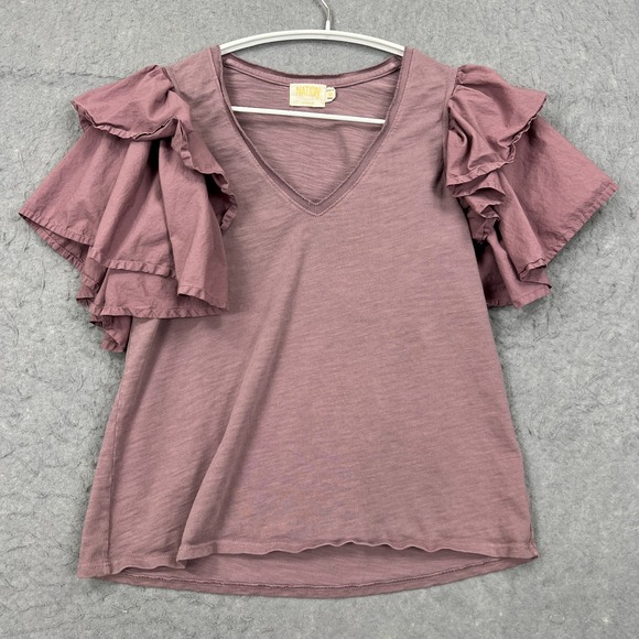 Nation LTD Bindi Ruffle Tee Women's Medium Pink Top V-Neck Flutter Shirt Peru - Picture 1 of 8